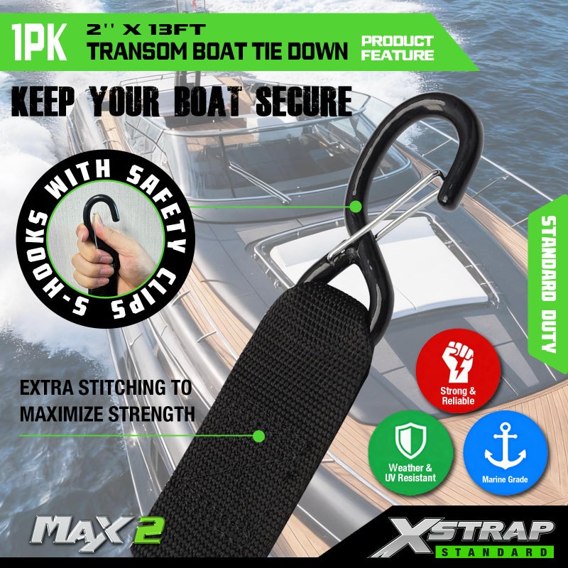 XSTRAP STANDARD 1PK 2''x 13' Gunwale Transom Boat Tie-Down, Marine Boat Trailer Strap with Hooks - Image 5